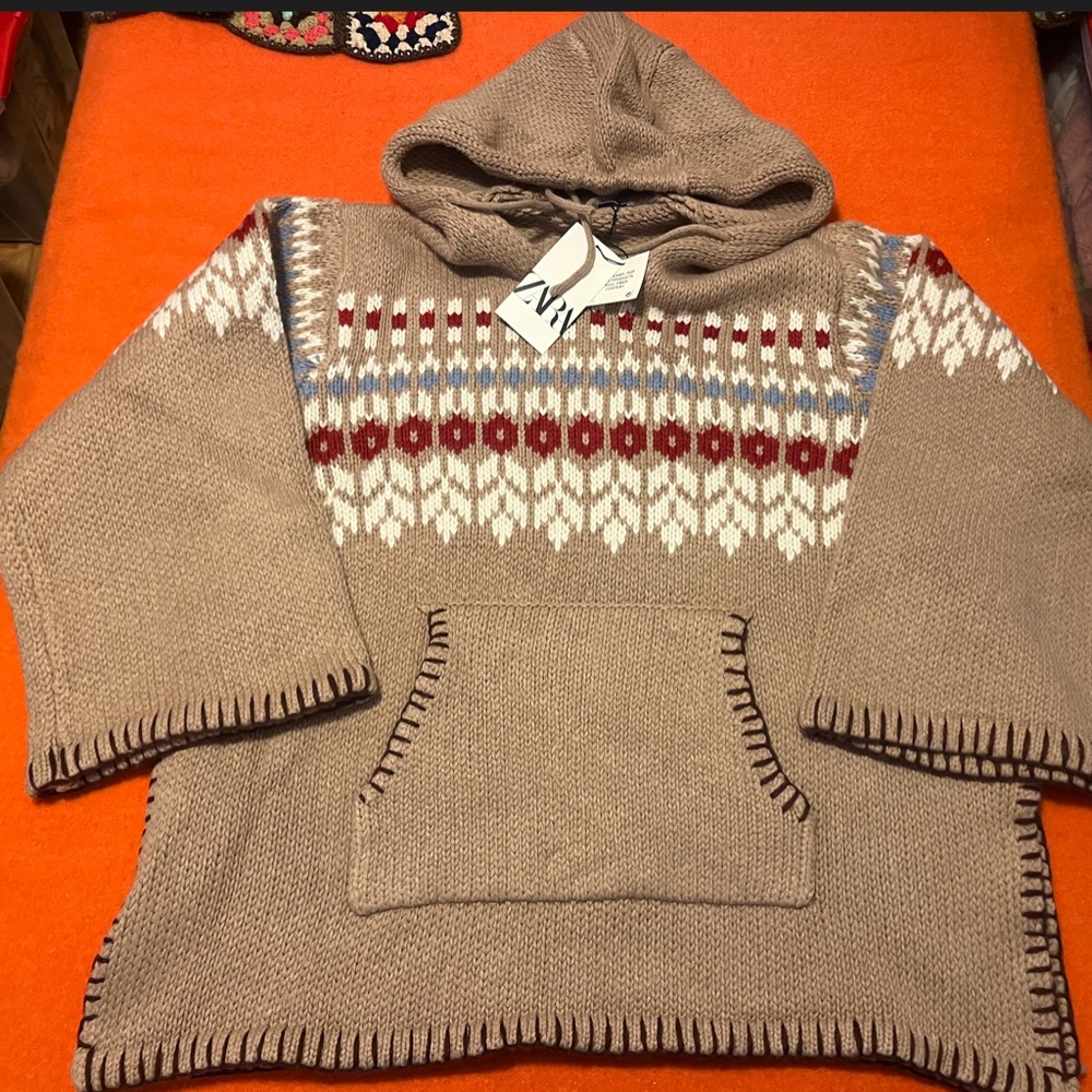 Zara limited edition brown camel Fair Isle wool jacquard poncho sweater … - Picture 3 of 14